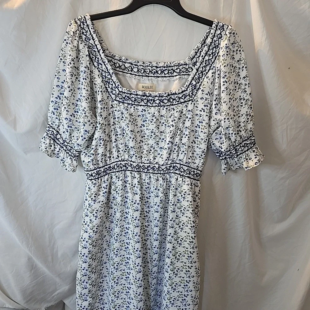 Roolee Women's Long Floral Dress Blue/white Cottagecore Peasant Fairy Sz M‎ - Picture 2 of 16